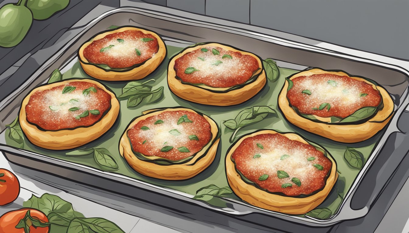 Eggplant parmesan being placed in preheated oven on a baking sheet