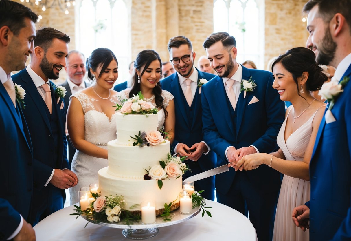 Guests gathering around the wedding cake, adorned with flowers and candles, while the newlyweds prepare to cut it together