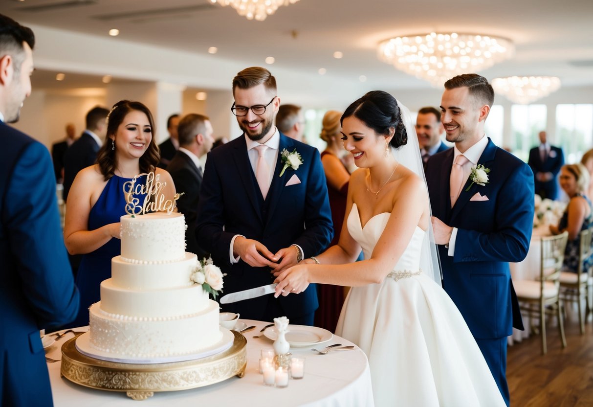 Guests mingling near a beautifully decorated cake table as the bride and groom prepare to cut their wedding cake