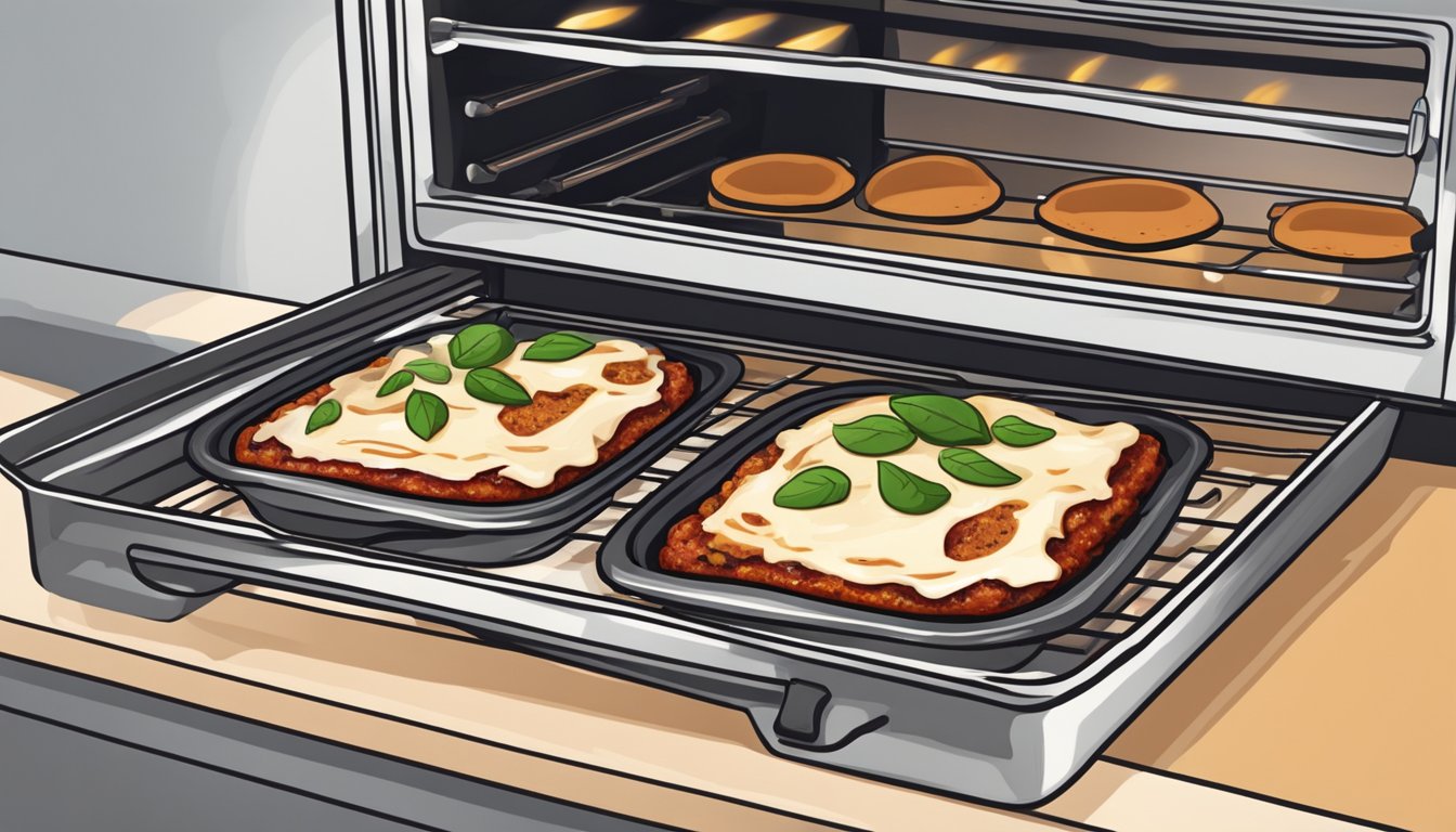 A slice of grilled eggplant parmesan being placed on a baking sheet inside a preheated oven