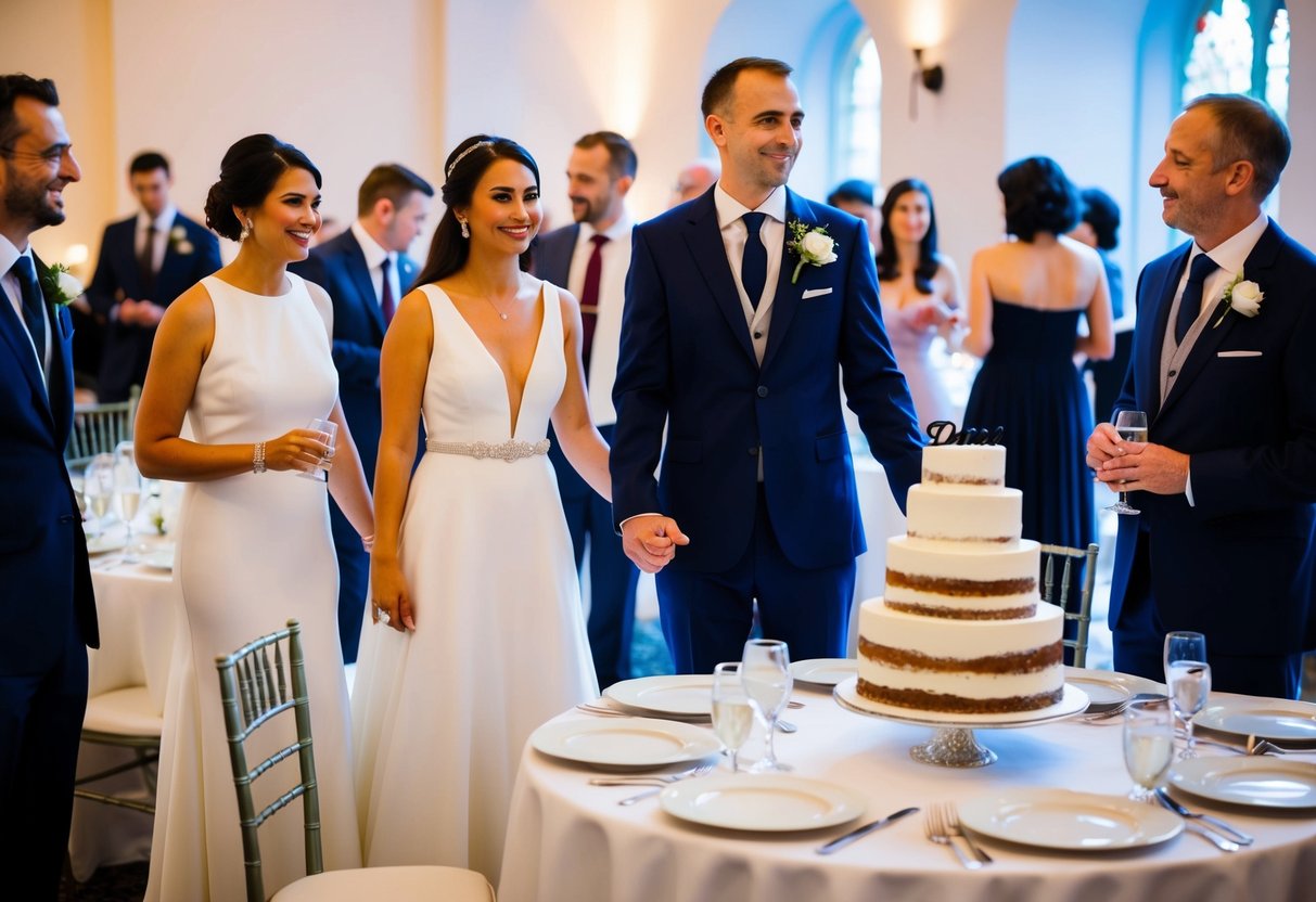 Guests mingling near a wedding cake, some leaving. Tables set with empty plates and glasses. A couple stands near the cake, holding hands