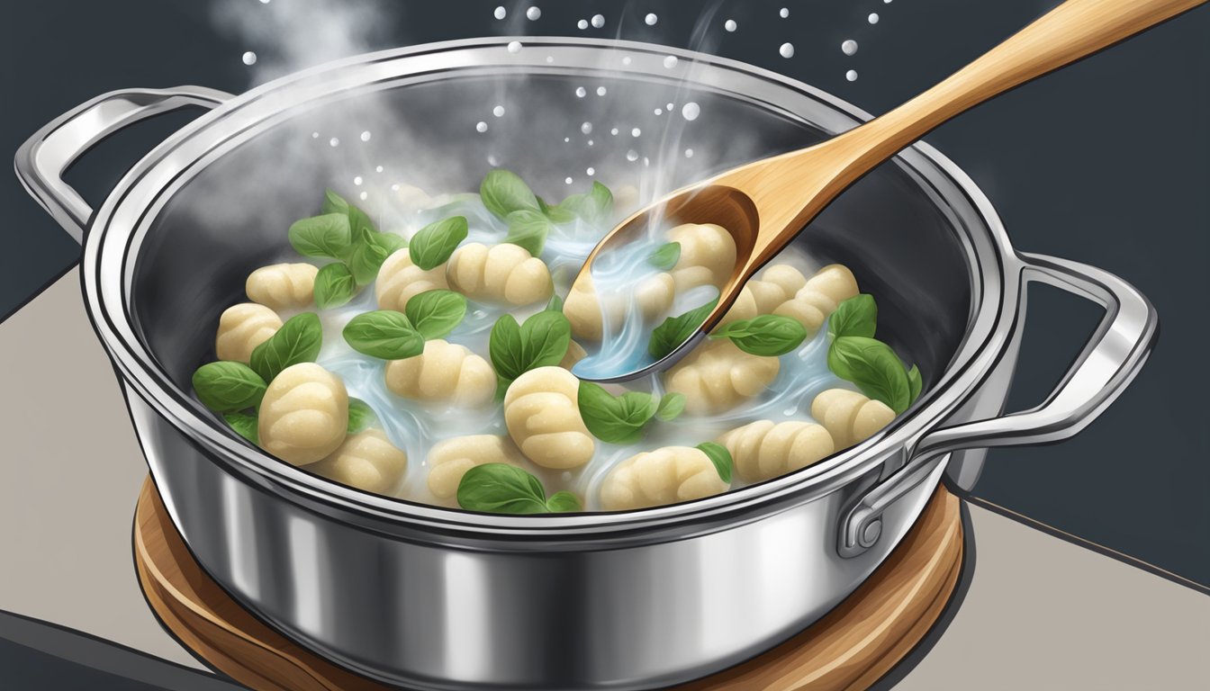 A steaming pot of water with freshly cooked gnocchi being lifted out with a slotted spoon