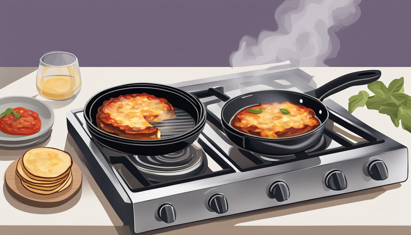 A stovetop with a skillet containing grilled eggplant parmesan being heated over a low flame