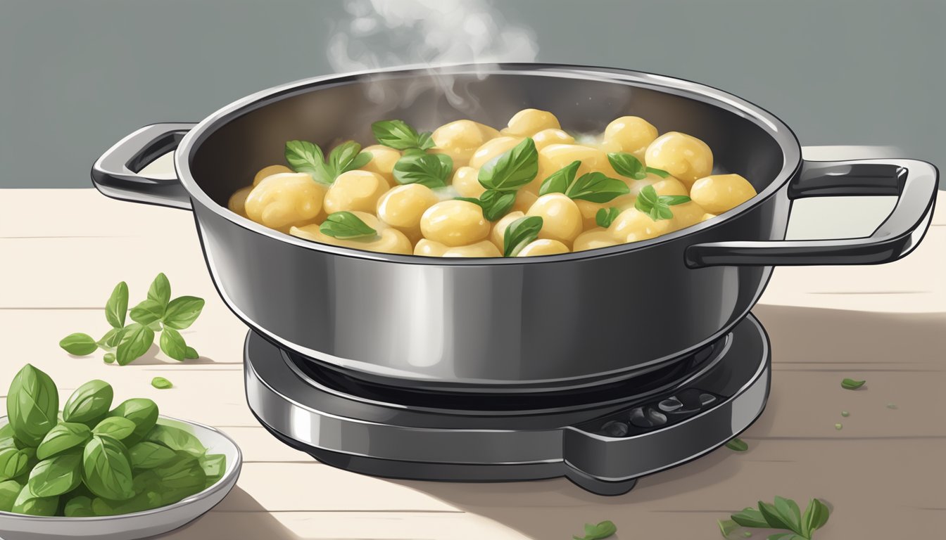 A steaming pot of gnocchi being gently reheated in a skillet, with a drizzle of olive oil and a sprinkle of fresh herbs