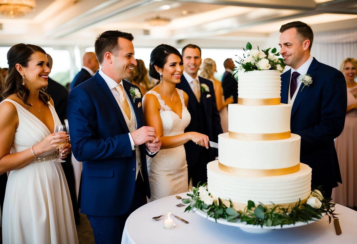 Guests mingling near a tiered wedding cake, anticipation in the air as the couple prepares to cut it
