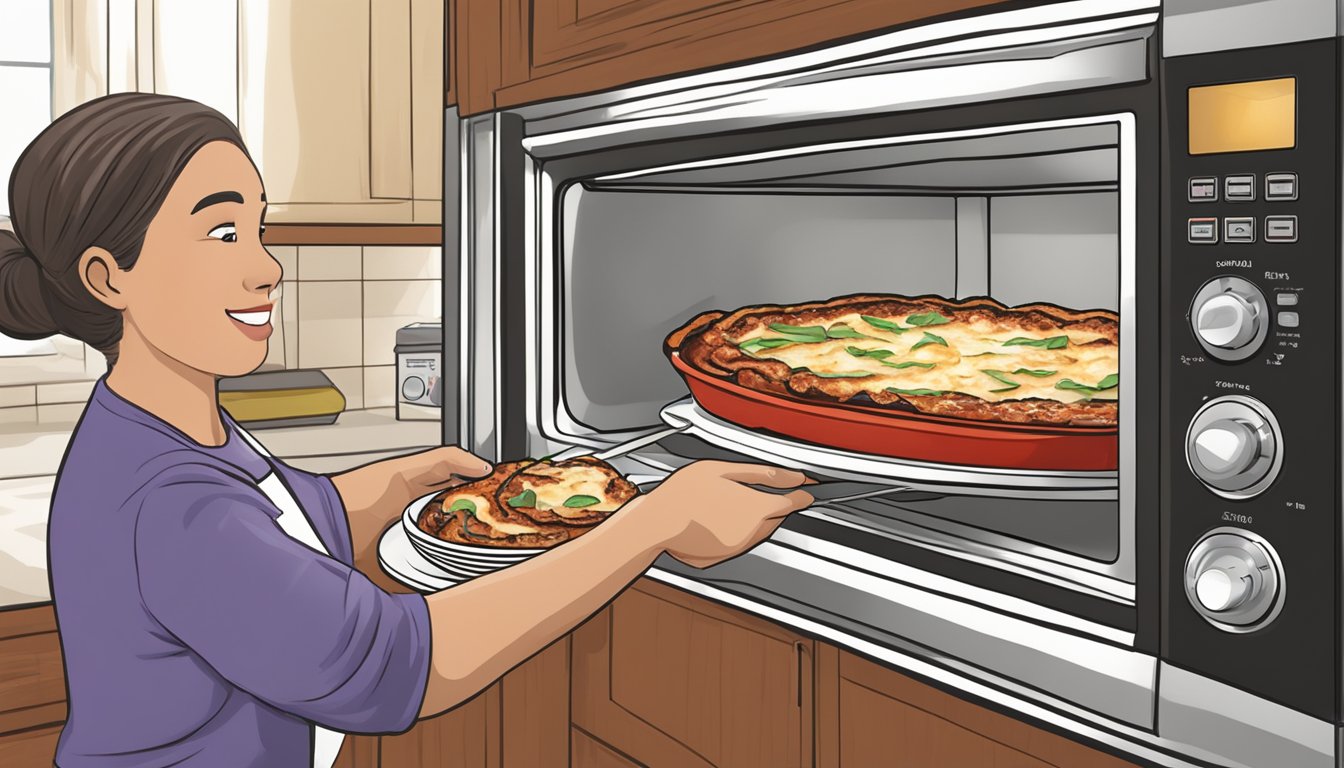 A plate of grilled eggplant parmesan being placed into a microwave