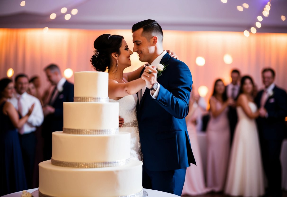 A couple dancing in front of a tiered wedding cake