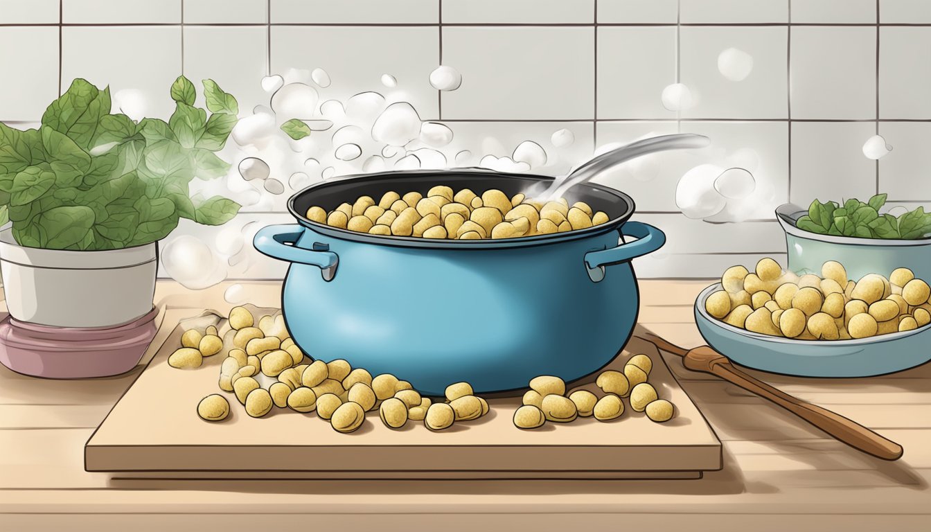 A pot of boiling water with gnocchi being dropped in