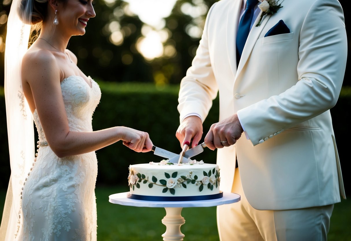 The bride and groom stand side by side, holding a knife together as they cut into a beautifully decorated wedding cake