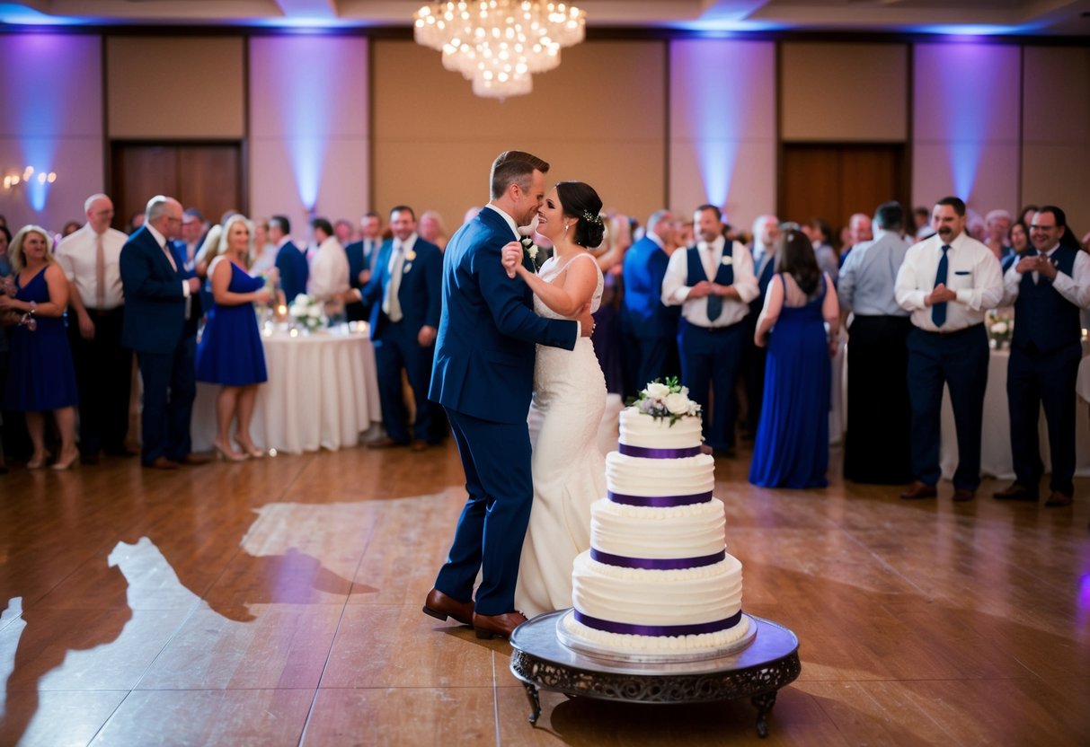 A couple dances in the center of a crowded reception hall, while a tiered wedding cake sits untouched in the background