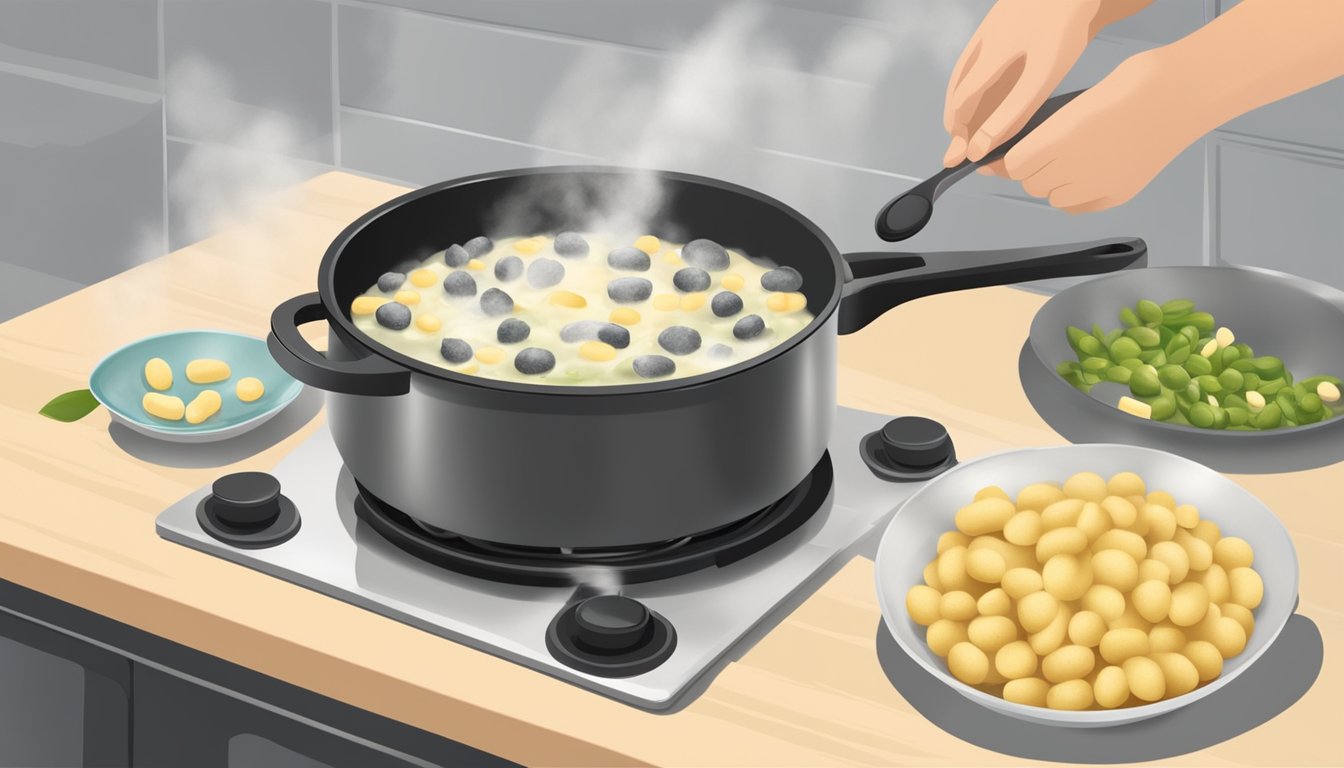 A pot of boiling water with gnocchi being dropped in. A person using a slotted spoon to remove the gnocchi. A skillet with olive oil heating on the stove