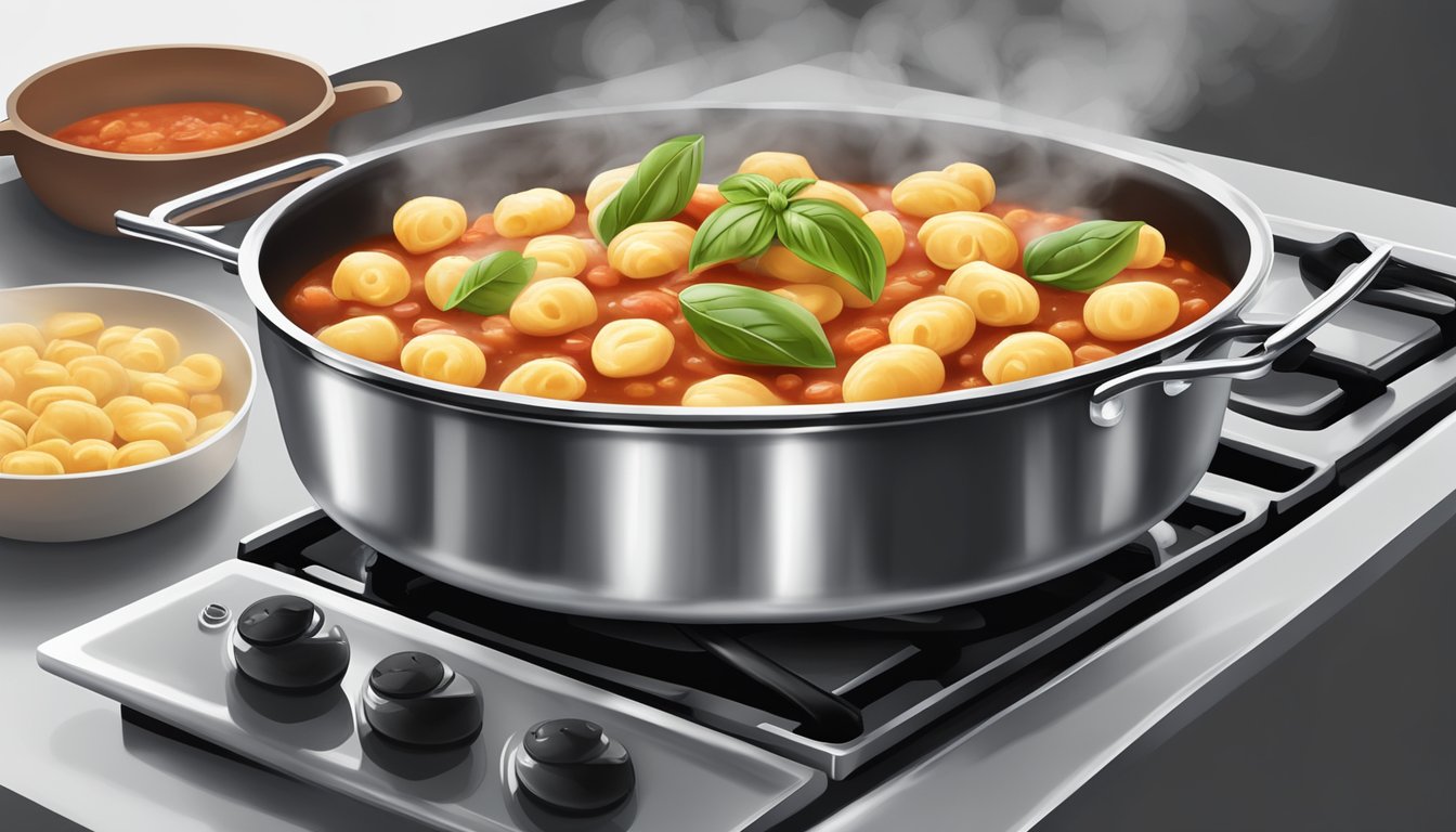 A steaming pot of gnocchi with tomato sauce being gently reheated on a stovetop, with a sprinkle of fresh basil leaves and a drizzle of olive oil for serving