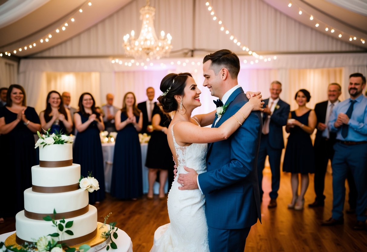 A couple dances under soft lighting, surrounded by friends and family, as the anticipation of the cake cutting builds