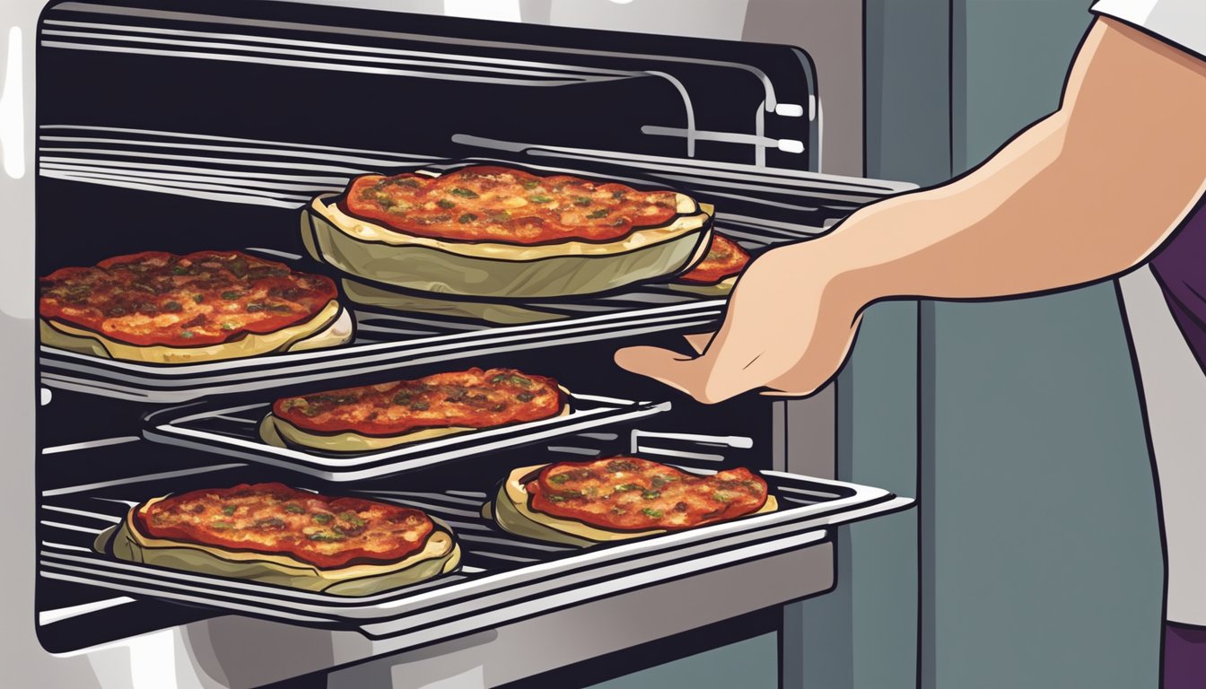 A person placing a tray of grilled eggplant parmesan in the oven to reheat