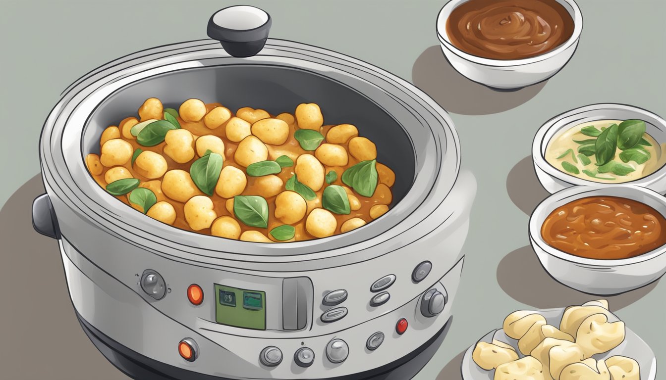 A bowl of gnocchi with various sauces and toppings being heated in a microwave