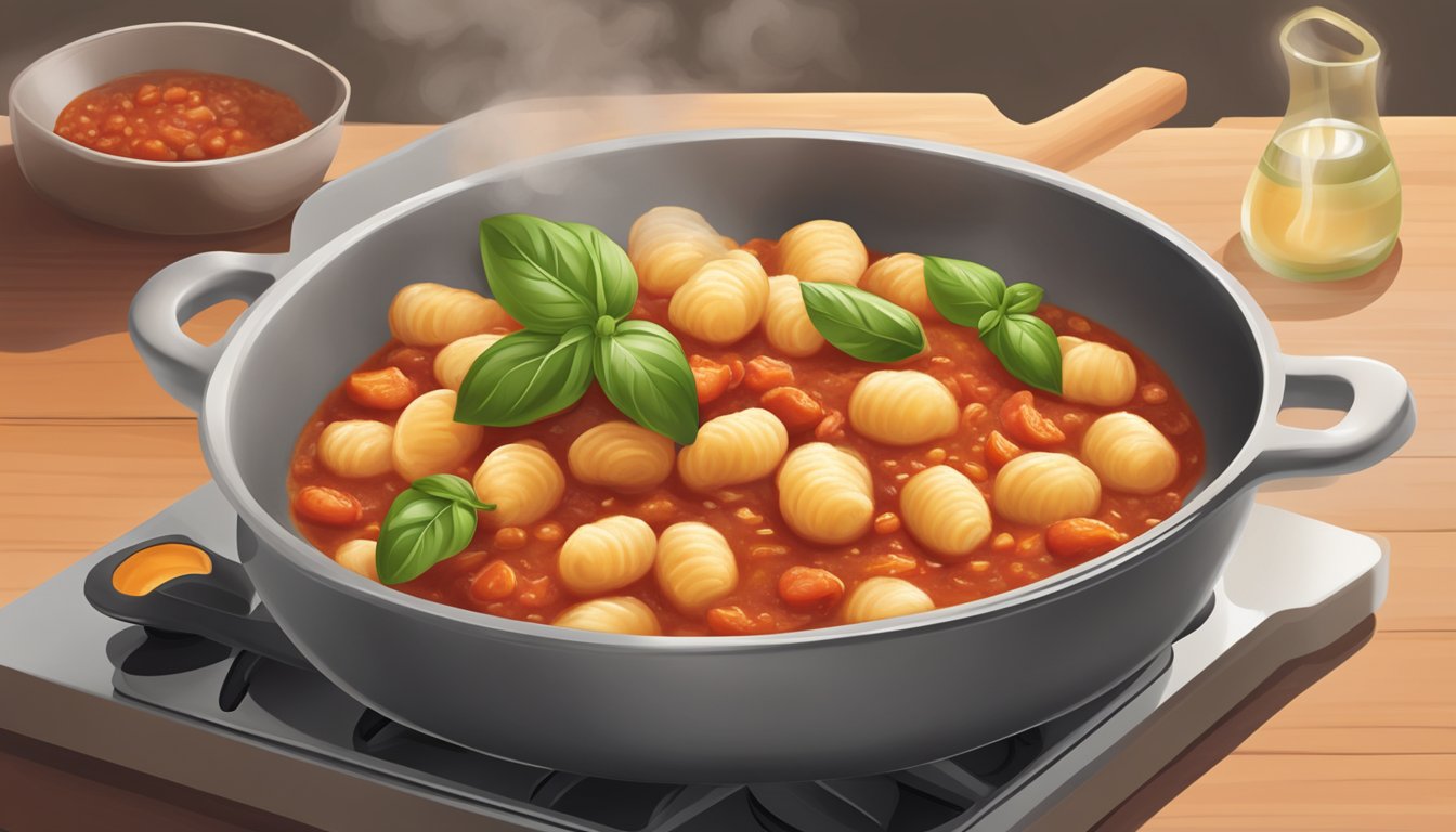 A steaming bowl of gnocchi in rich tomato sauce, being gently reheated on a stovetop, with a sprinkle of fresh basil on top