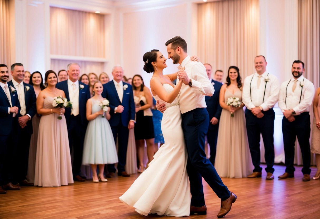 A couple stands in a softly lit ballroom, swaying together in a tender embrace as they share their first dance, surrounded by friends and family eagerly watching
