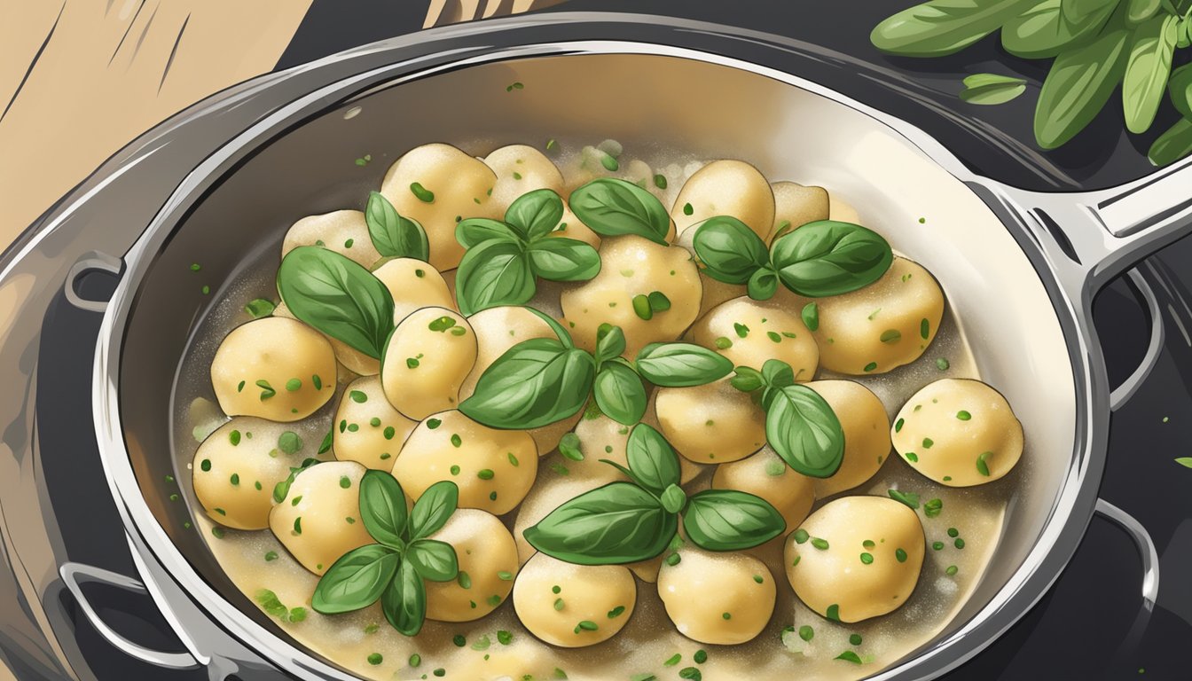 A steaming bowl of gnocchi being reheated in a skillet, with a drizzle of olive oil and a sprinkle of fresh herbs for presentation