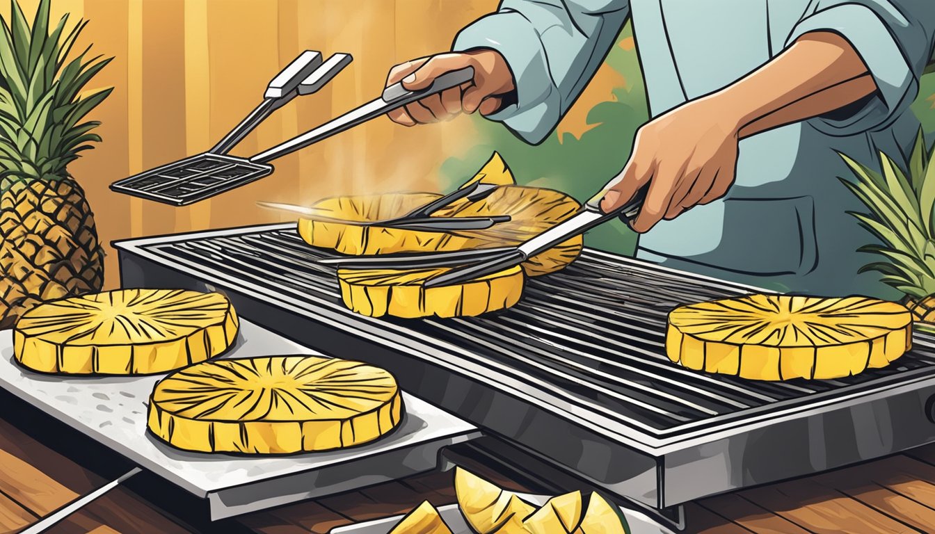 An individual using tongs to transfer grilled pineapple slices from a hot grill to a serving platter