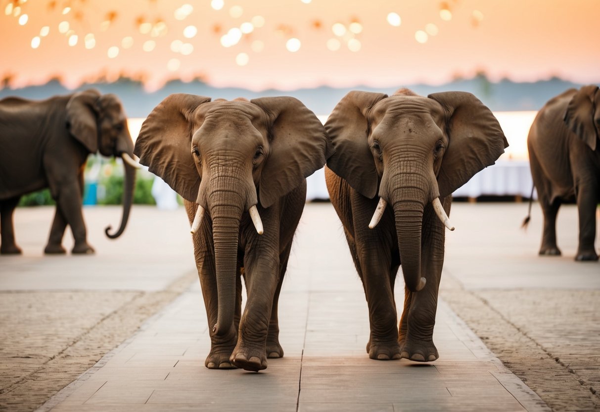 A pair of adult elephants walk into the reception first