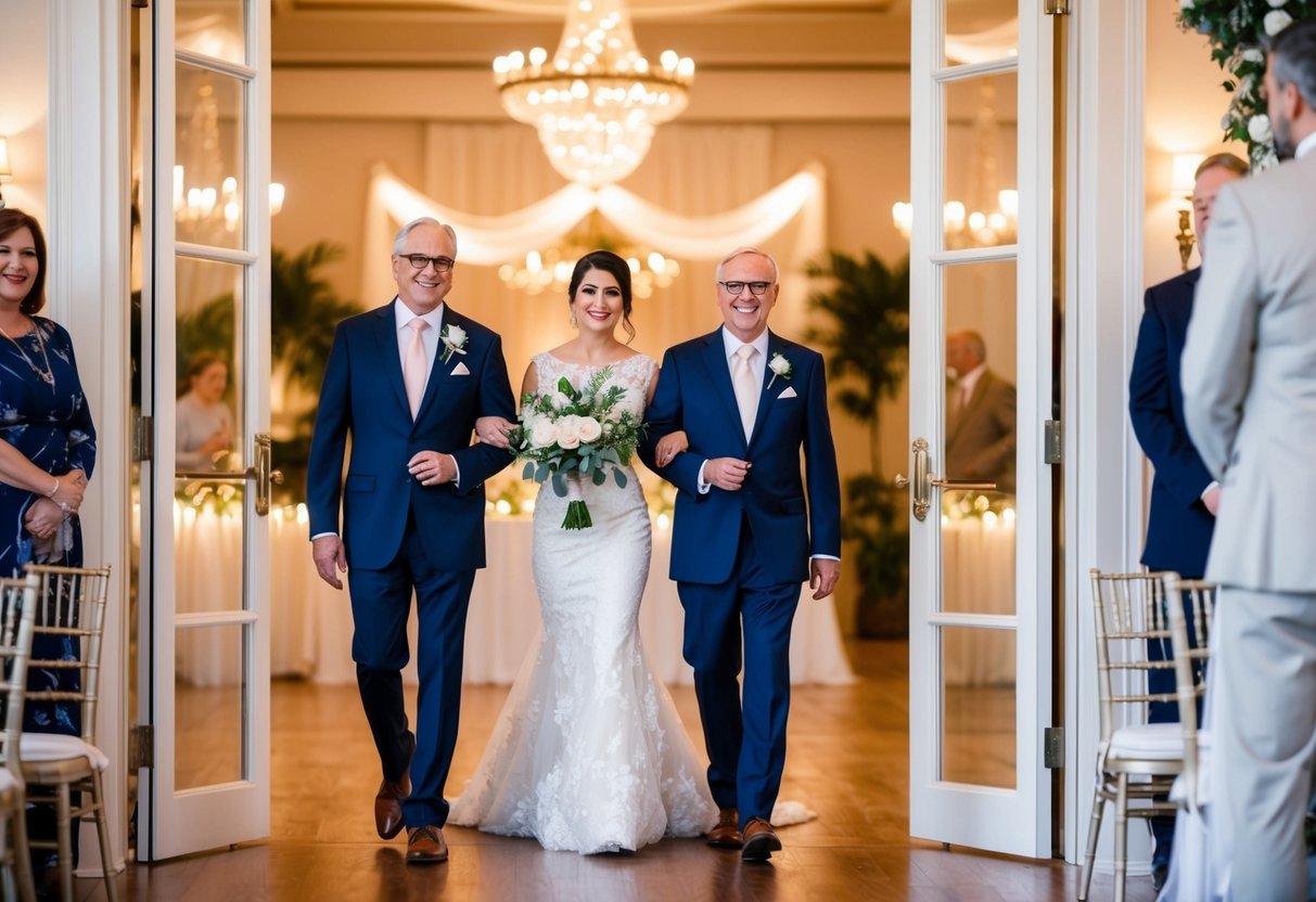 Parents enter reception hall, adorned with elegant decor and soft lighting. A grand archway marks their entrance, leading to a spacious area for the ceremony and reception