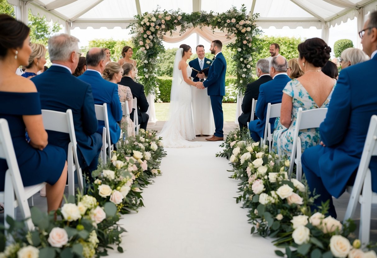 A wedding ceremony: a flower-filled aisle leads to an altar under a canopy, with guests seated in rows on either side. A couple stands facing each other, exchanging vows and rings