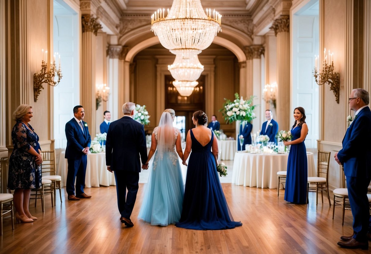 Parents enter grand reception hall, greeted by elegant decor, chandeliers, and ornate architecture