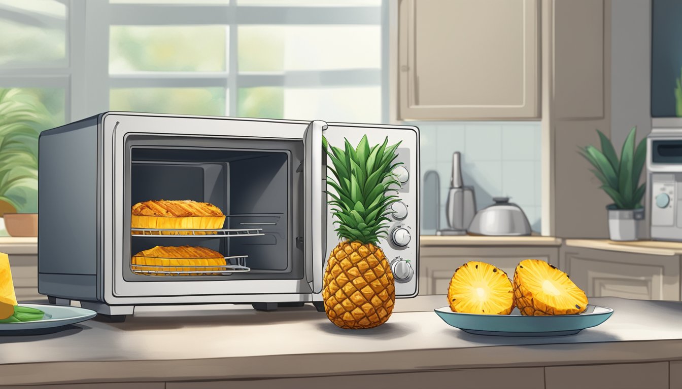 Grilled pineapple on a plate with a microwave in the background