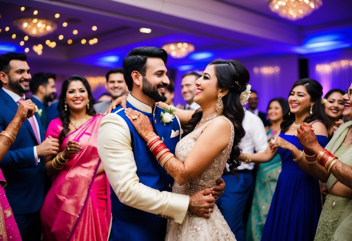 A couple at a pre-wedding event, surrounded by friends and family, enjoying a festive atmosphere with music, dancing, and laughter