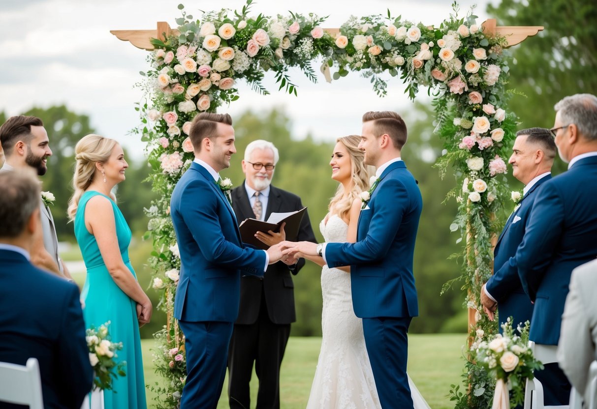 A bride and groom stand beneath a floral arch, exchanging vows as guests look on. An officiant leads the ceremony, with personalized touches and meaningful rituals