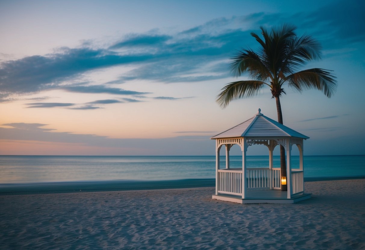 A serene beach at dusk, with a lone palm tree and a calm, empty wedding gazebo, symbolizing the slowest month for weddings