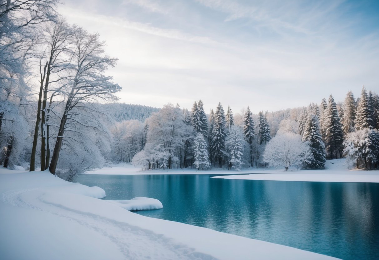 A serene winter landscape with snow-covered trees and a frozen lake, depicting the slowest month for weddings