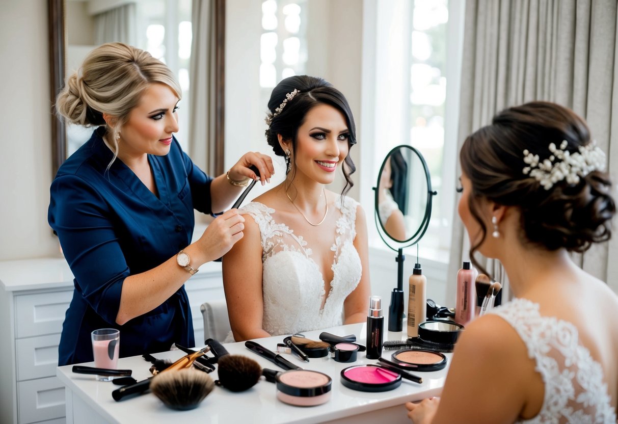 A professional hairstylist and makeup artist assist the bride in getting ready for her wedding day, surrounded by hair tools, cosmetics, and a mirror