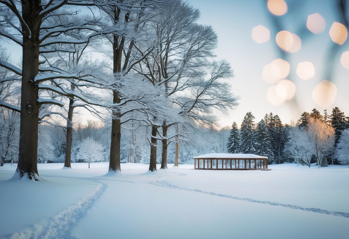 A serene winter landscape with snow-covered trees and a peaceful, empty wedding venue