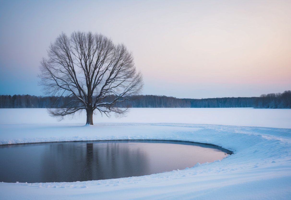 A barren, snow-covered landscape with a solitary tree and a frozen pond