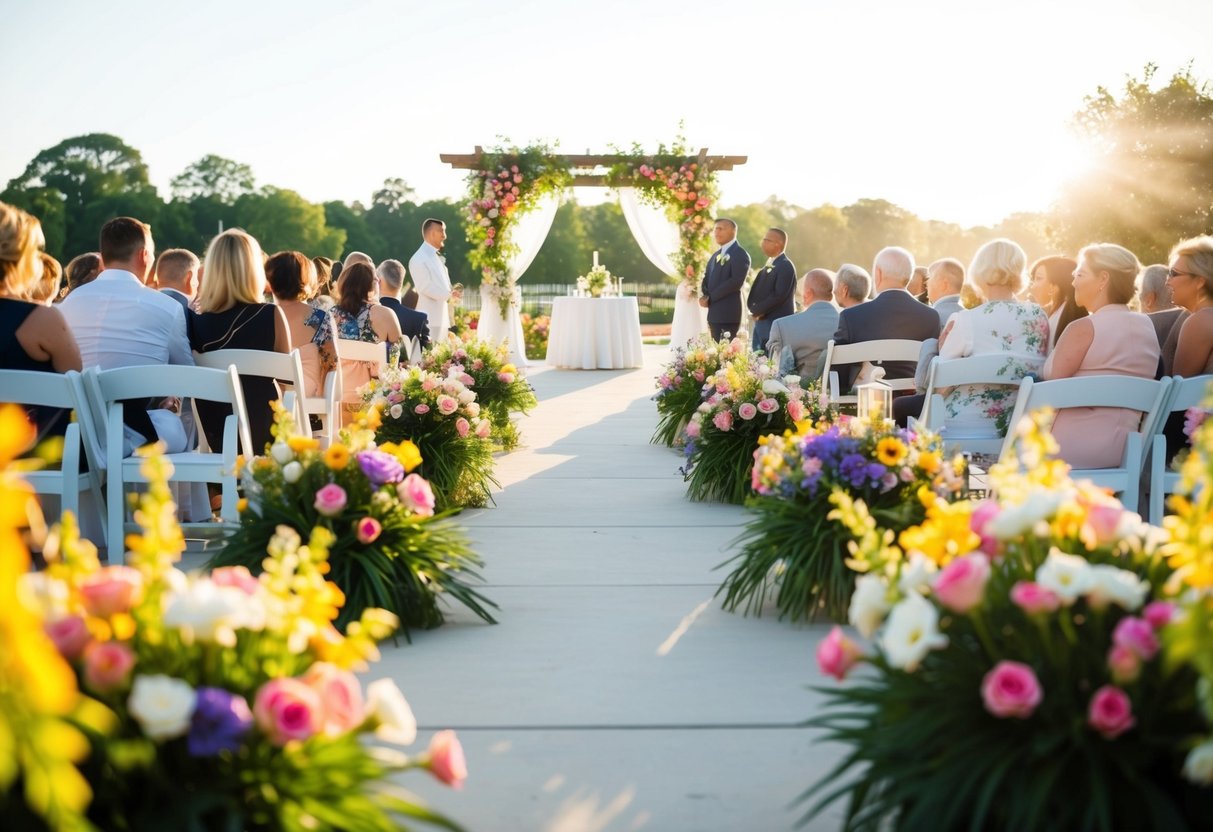 A serene, sunlit outdoor wedding venue with colorful flowers and a peaceful atmosphere, free from crowds and bustling activity