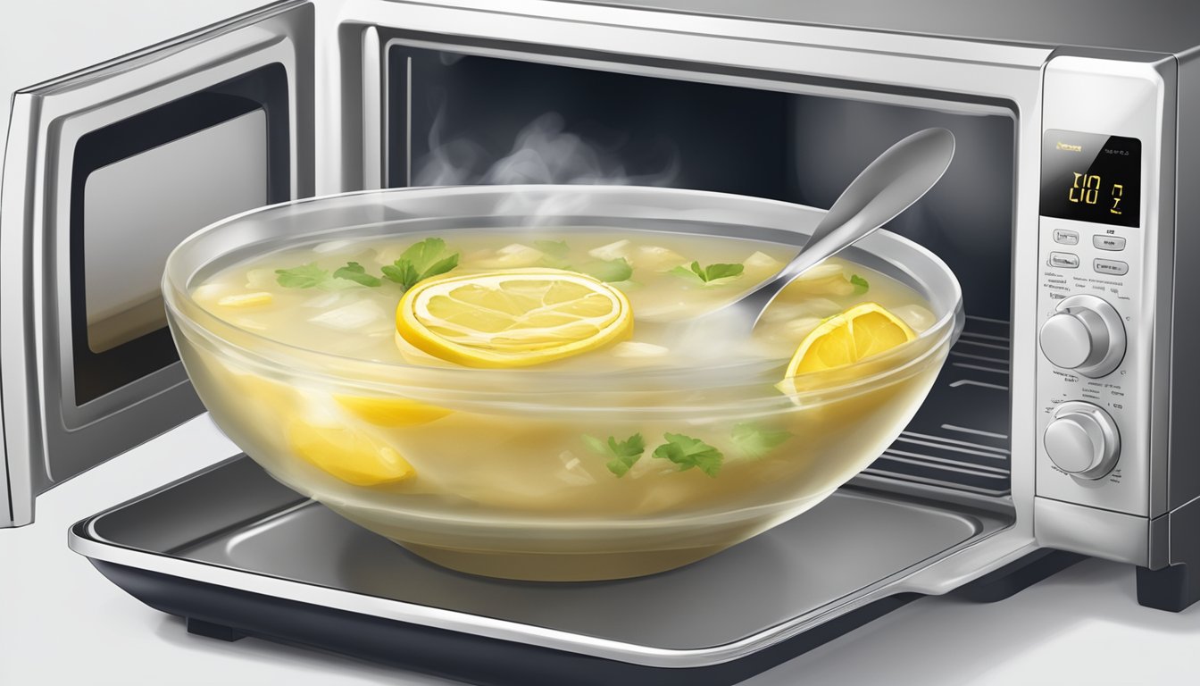 A steaming bowl of Greek lemon chicken soup being reheated in a microwave with a cover to prevent splattering