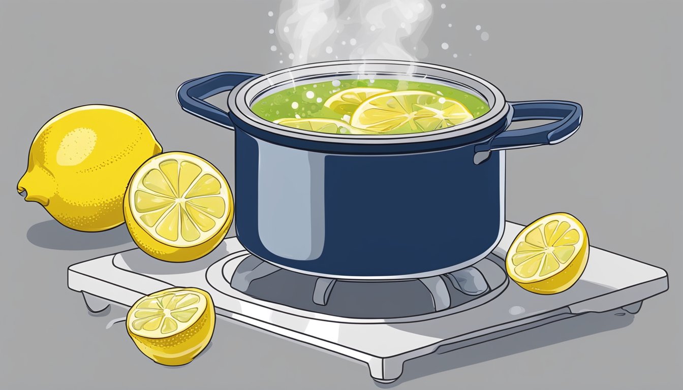 A pot of Greek lemon chicken soup being reheated on a stovetop, steam rising from the bubbling liquid