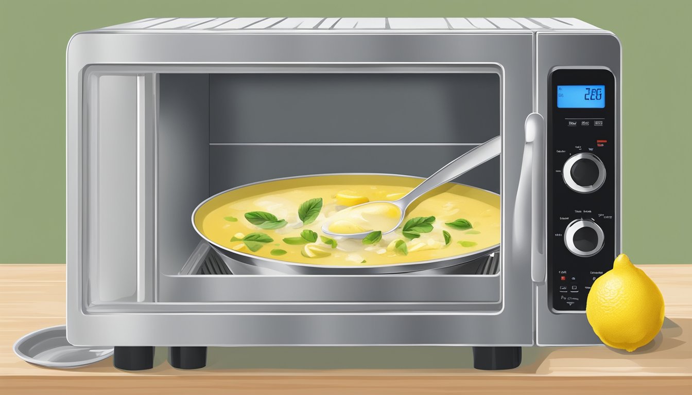 A steaming bowl of Greek lemon chicken soup being reheated in a microwave, with a spoon resting on the side