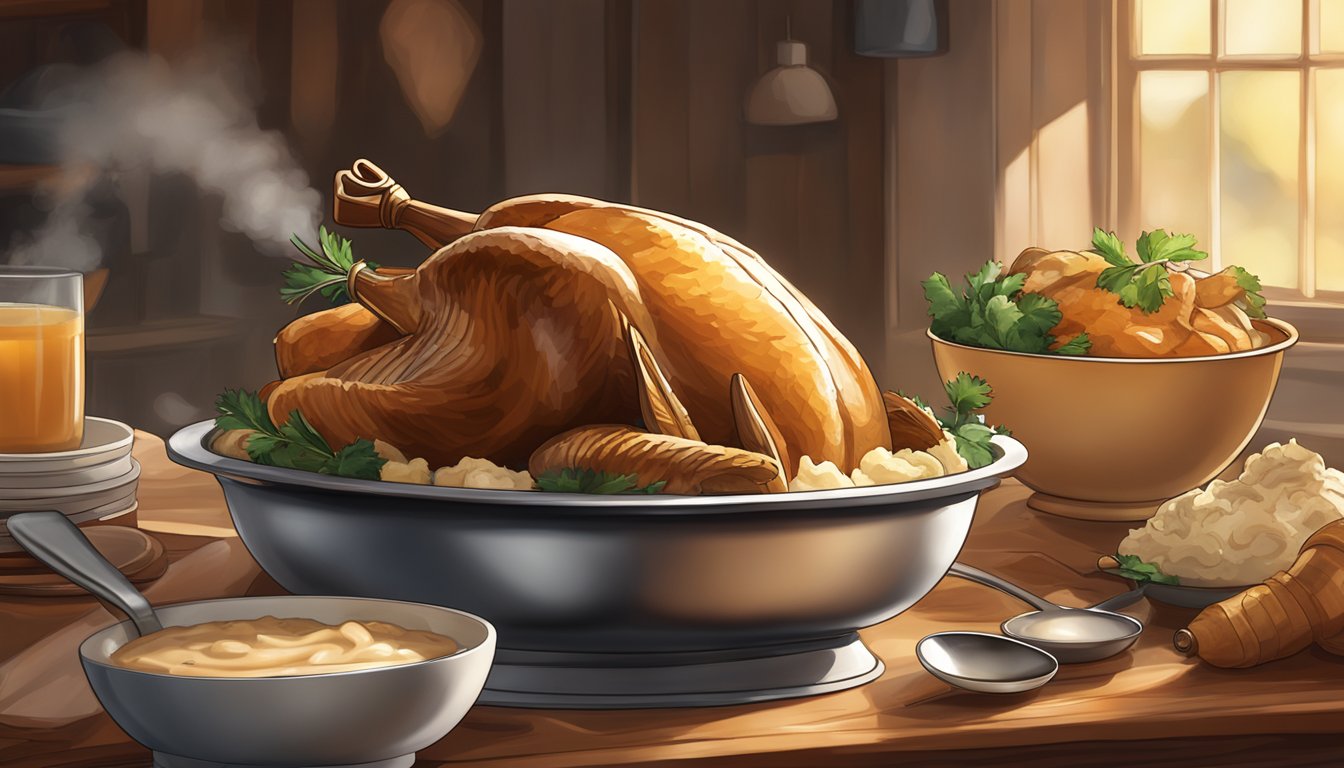 A steaming bowl of gravy sits beside a roast turkey, mashed potatoes, and a ladle, with steam rising and a warm, inviting glow