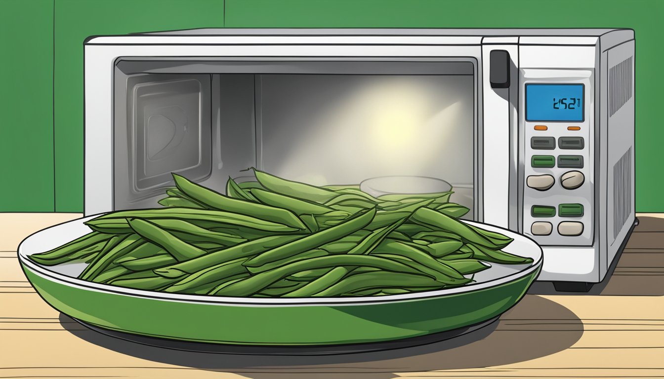 A plate of leftover green beans almondine being reheated in a microwave