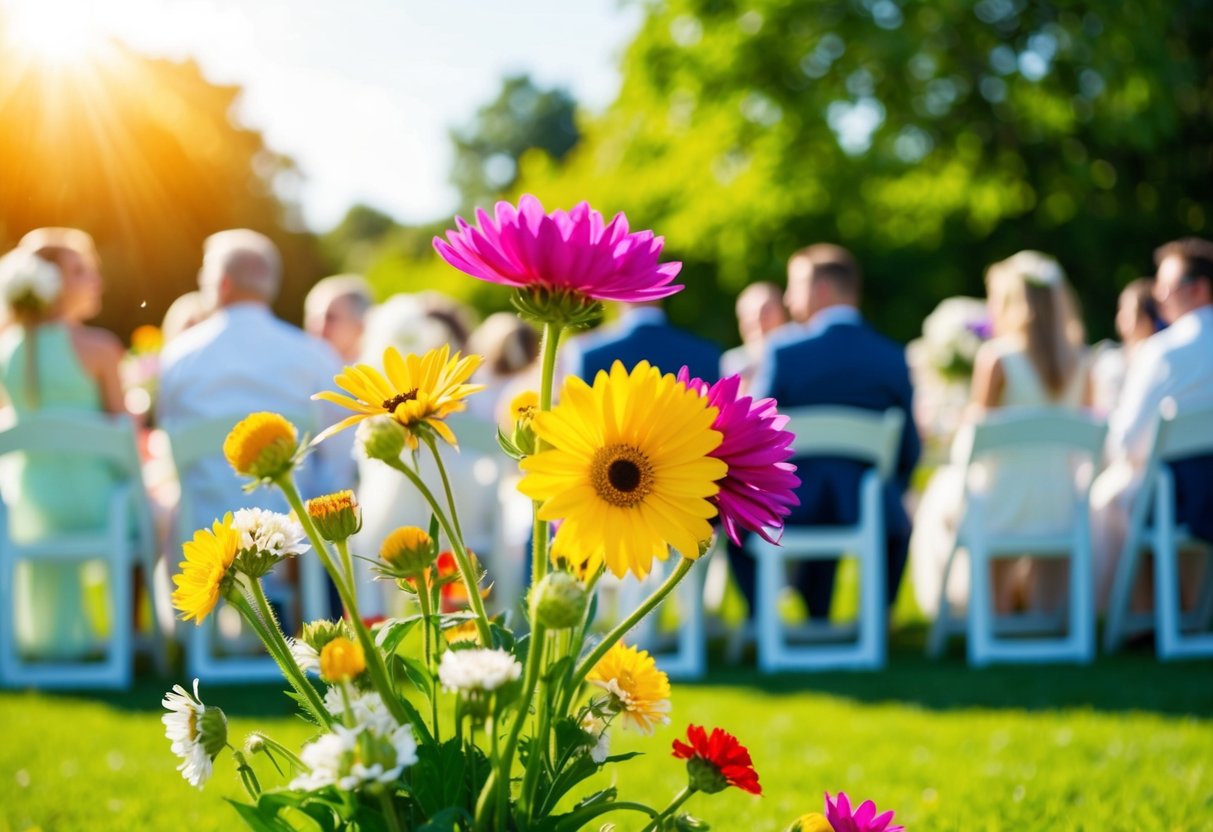 A vibrant outdoor wedding in June, with blooming flowers and bright sunshine