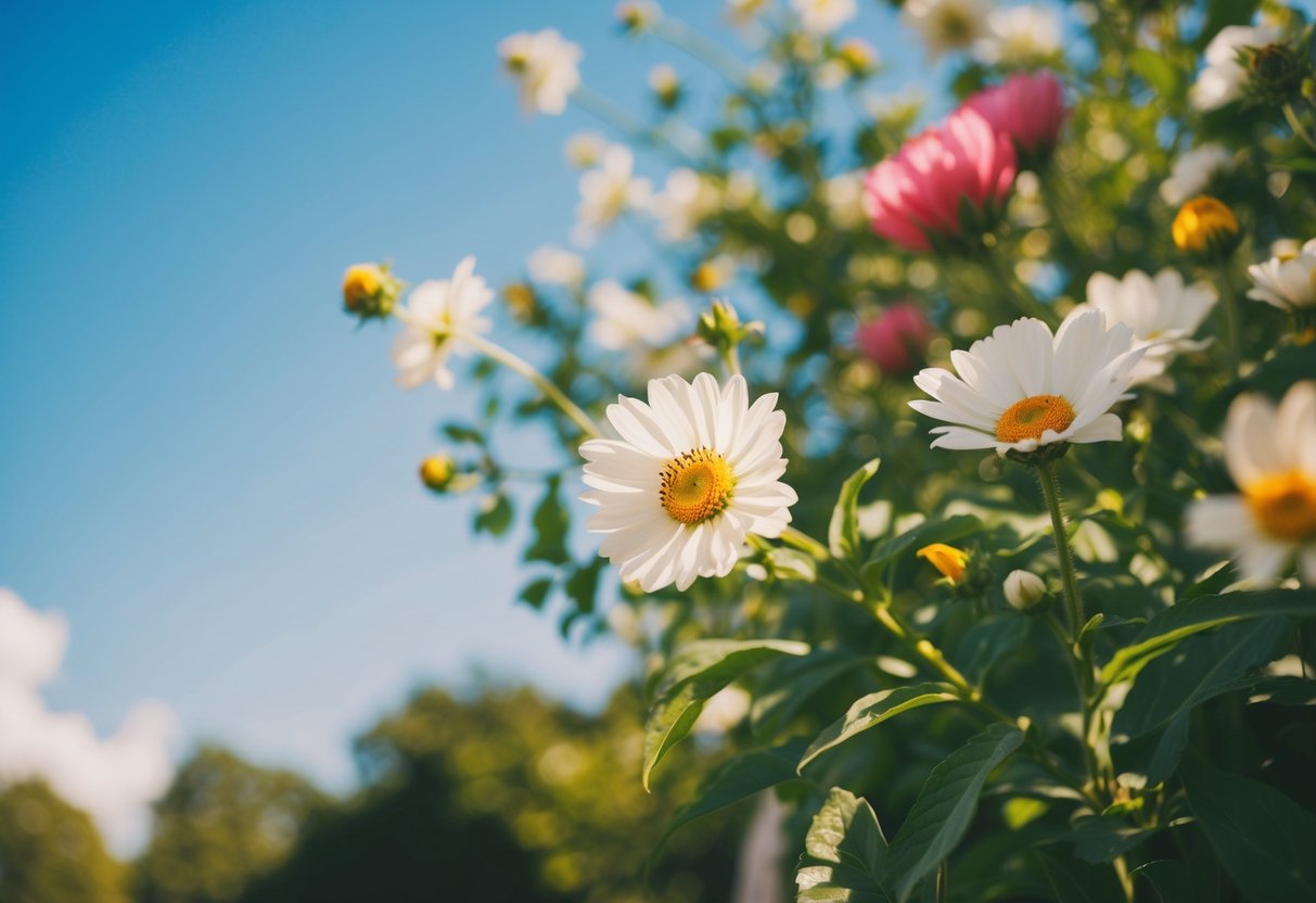A sunny outdoor wedding in June with blooming flowers and a clear blue sky