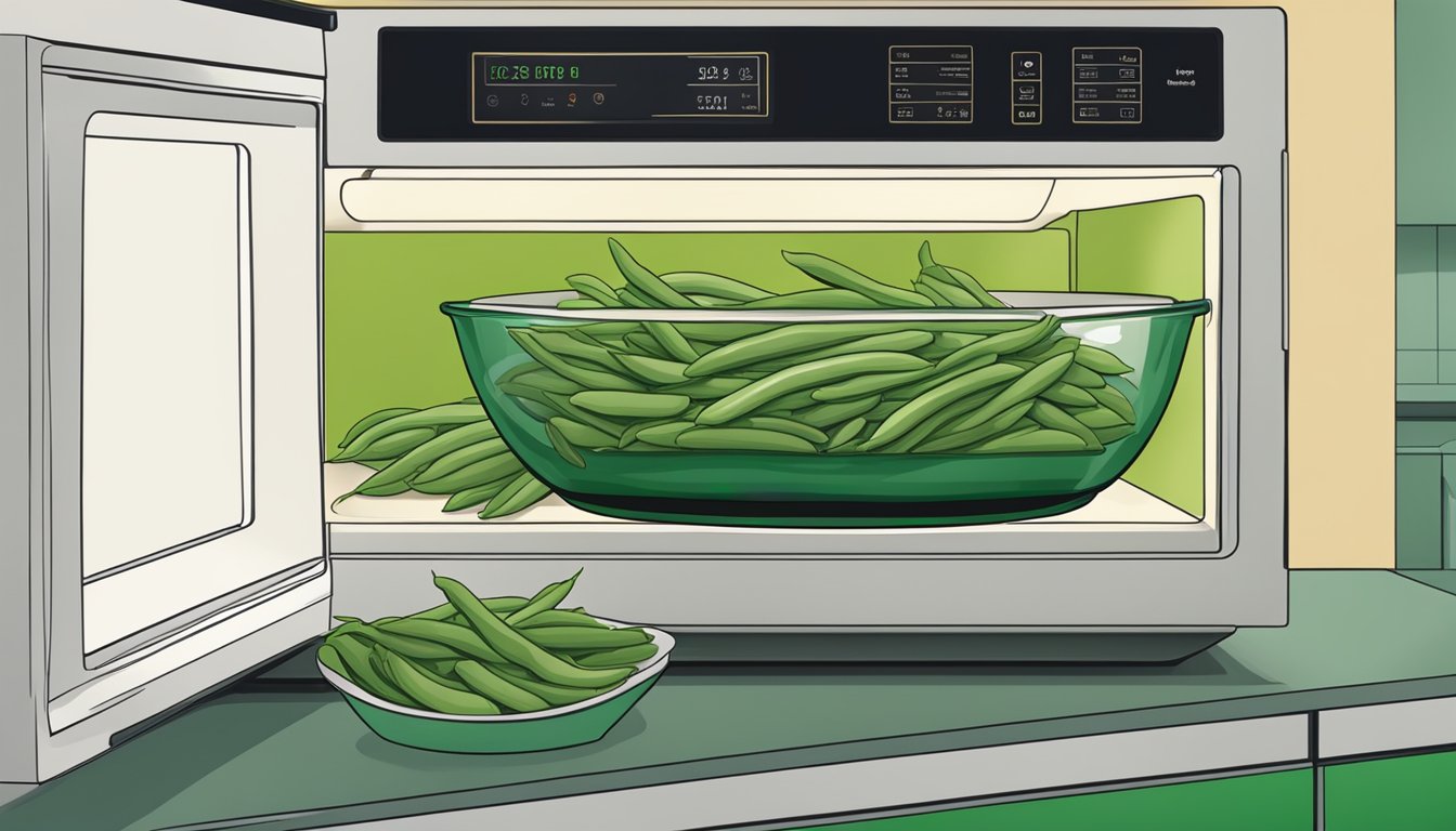 A bowl of green beans almondine being placed in the microwave