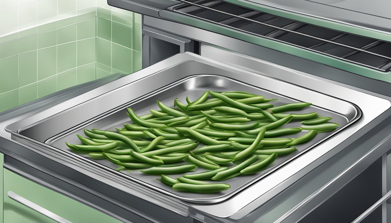 A baking sheet with green beans almondine in the oven