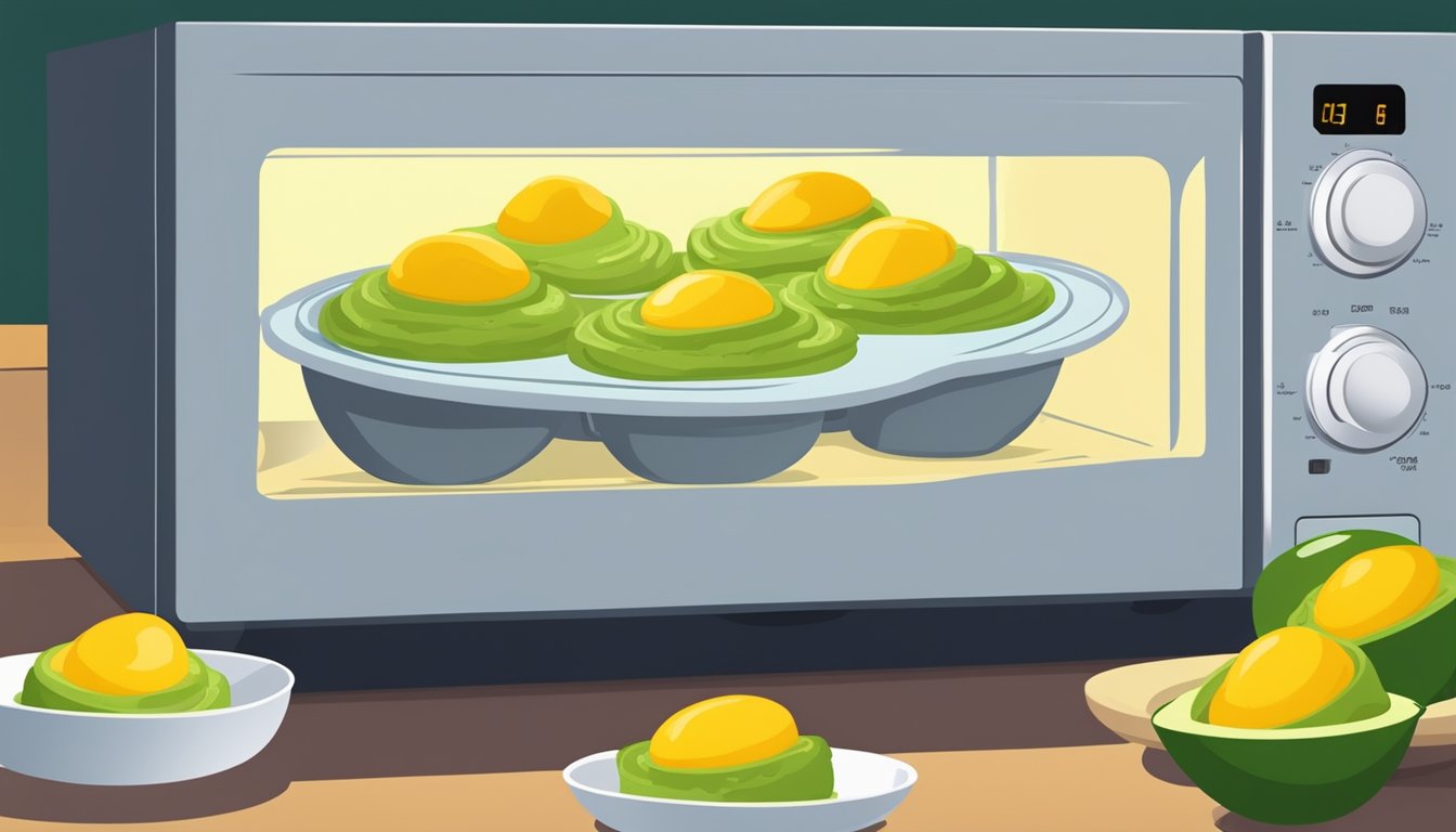 A plate of guacamole deviled eggs being reheated in the microwave