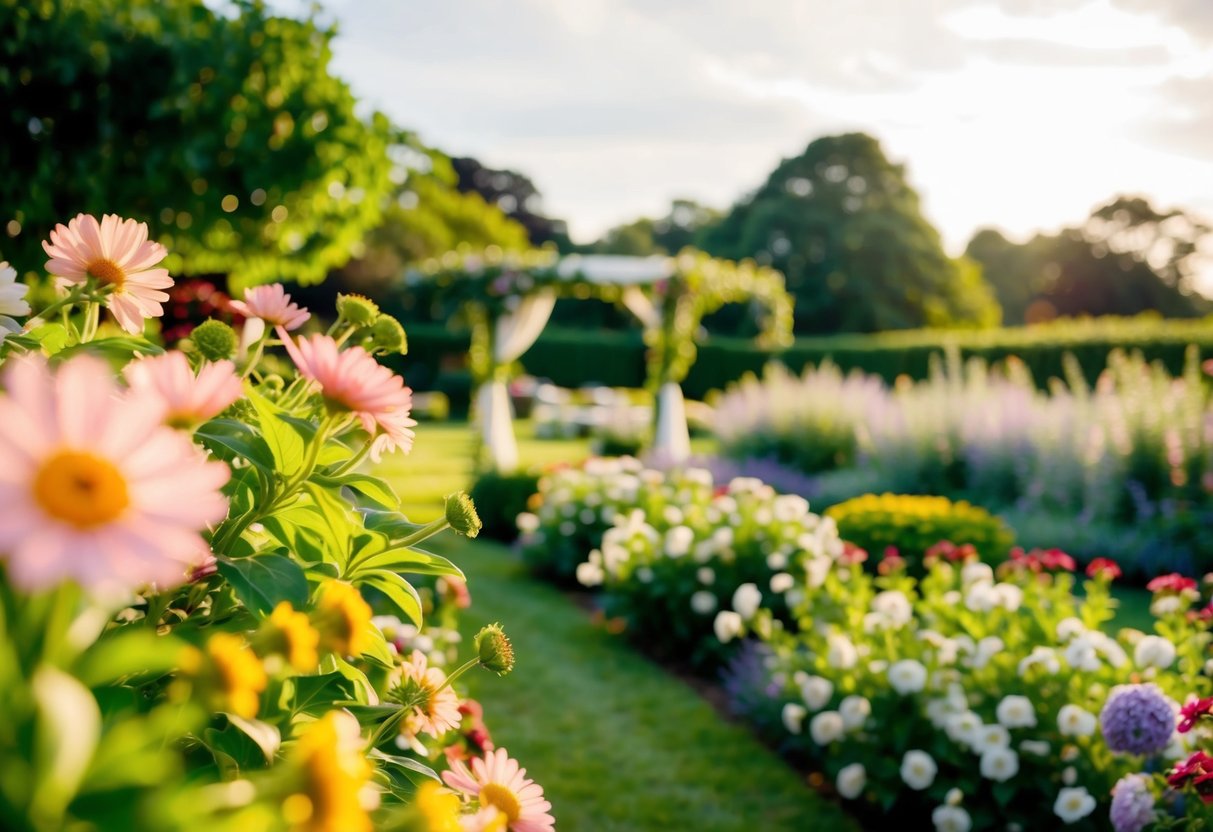 A lush garden wedding in June, with blooming flowers and warm sunlight