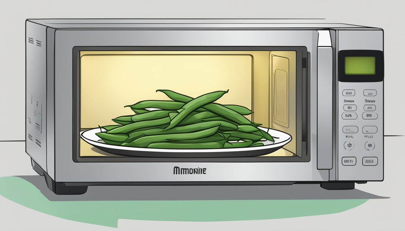 A plate of green beans almondine is being placed in a microwave. The timer is set and the microwave is turned on