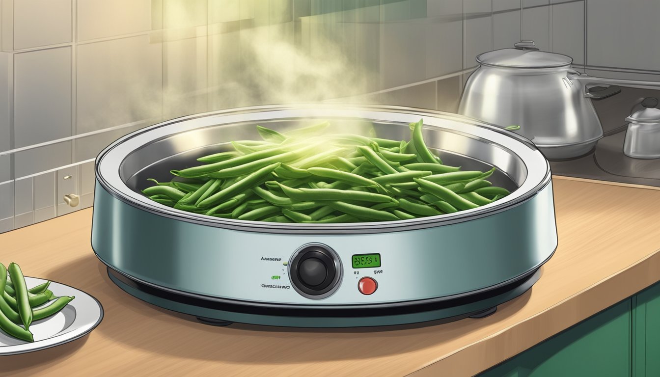 A plate of green beans almondine being reheated in the microwave, steam rising from the dish as it spins on the turntable