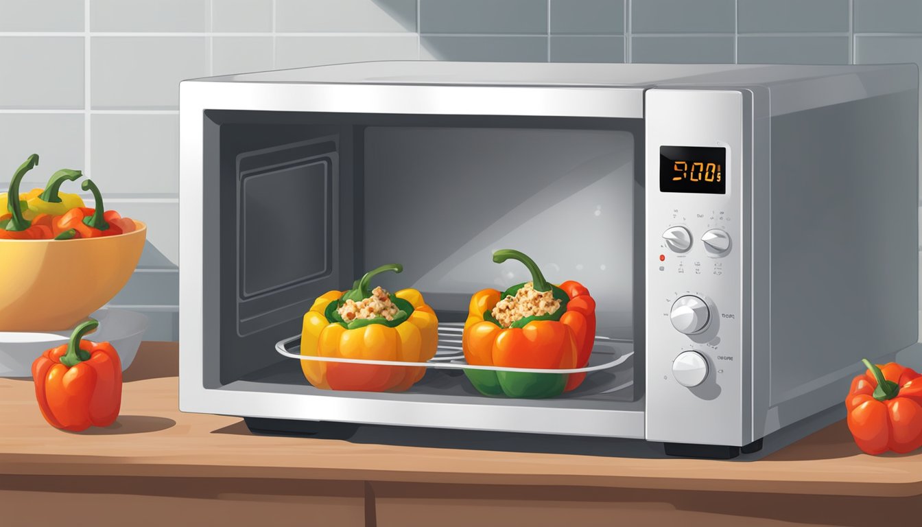 A microwave with a plate of Greek stuffed peppers inside, steam rising as the peppers are being reheated